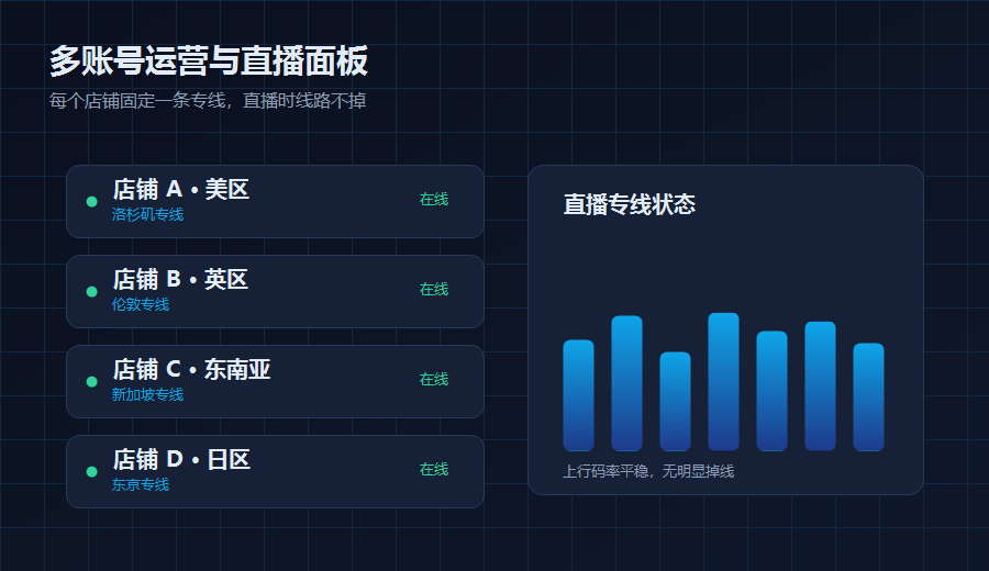 多账号运营与直播专线面板示意，每个店铺固定一条专线直播上行码率平稳