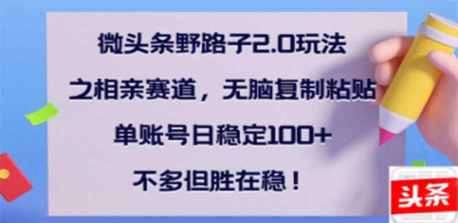 （14334期）微头条野路子2.0玩法之相亲赛道，无脑搬砖复制粘贴，单账号日稳定300+…-小森之家